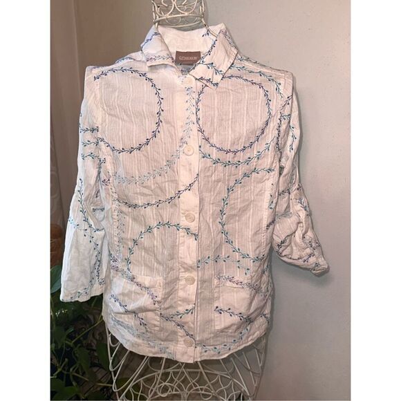 WOMEN Chico’s size 0 (US SIZE XS) blue/white Paisley quarter sleeve shirt button - Picture 1 of 8